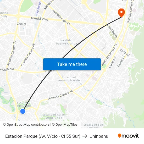 Estación Parque (Av. V/cio - Cl 55 Sur) to Uninpahu map