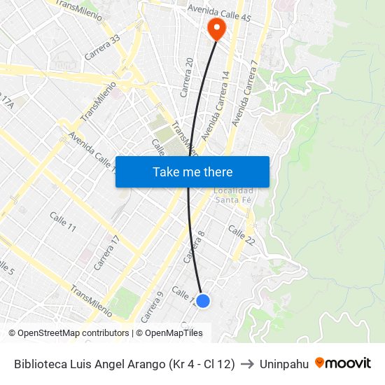 Biblioteca Luis Angel Arango (Kr 4 - Cl 12) to Uninpahu map
