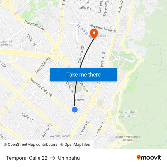 Temporal Calle 22 to Uninpahu map