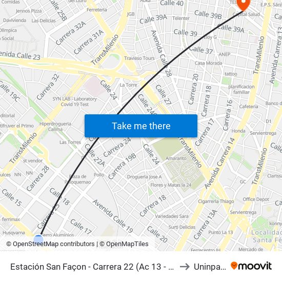 Estación San Façon - Carrera 22 (Ac 13 - Tv 22) to Uninpahu map