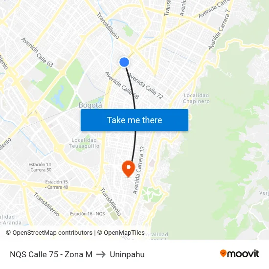 NQS Calle 75 - Zona M to Uninpahu map