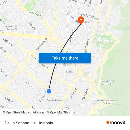 De La Sabana to Uninpahu map