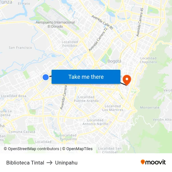 Biblioteca Tintal to Uninpahu map
