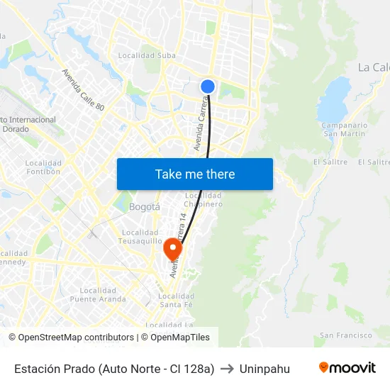 Estación Prado (Auto Norte - Cl 128a) to Uninpahu map