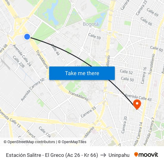 Estación Salitre - El Greco (Ac 26 - Kr 66) to Uninpahu map