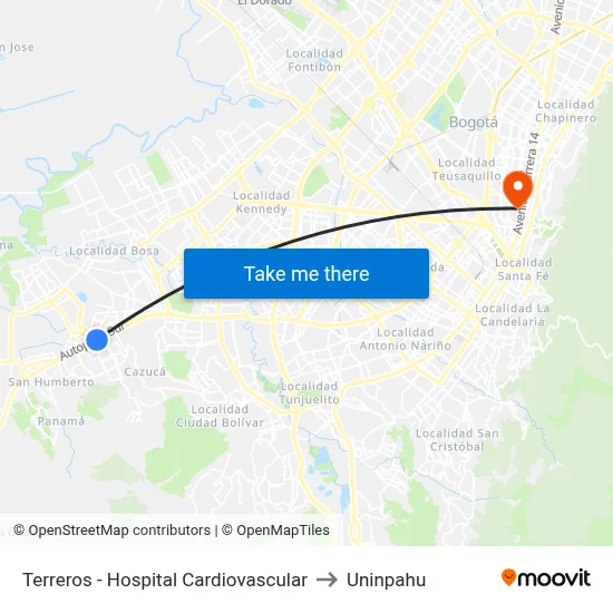 Terreros - Hospital Cardiovascular to Uninpahu map