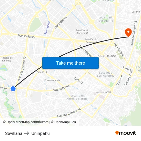 Sevillana to Uninpahu map