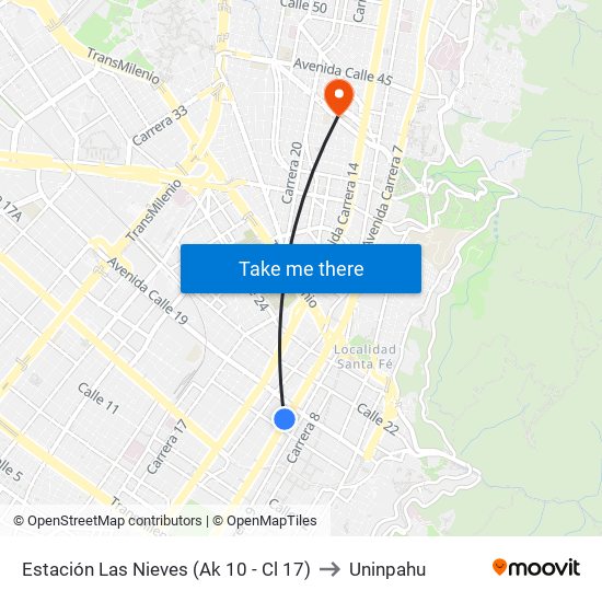 Estación Las Nieves (Ak 10 - Cl 17) to Uninpahu map