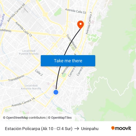 Estación Policarpa (Ak 10 - Cl 4 Sur) to Uninpahu map