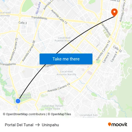 Portal Del Tunal to Uninpahu map