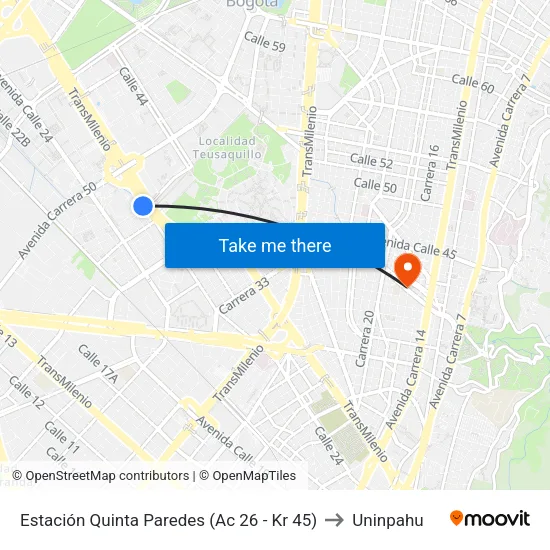 Estación Quinta Paredes (Ac 26 - Kr 45) to Uninpahu map