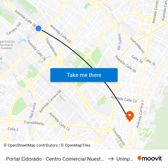 Portal Eldorado - Centro Comercial Nuestro Bogotá to Uninpahu map