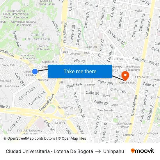 Ciudad Universitaria - Lotería De Bogotá to Uninpahu map