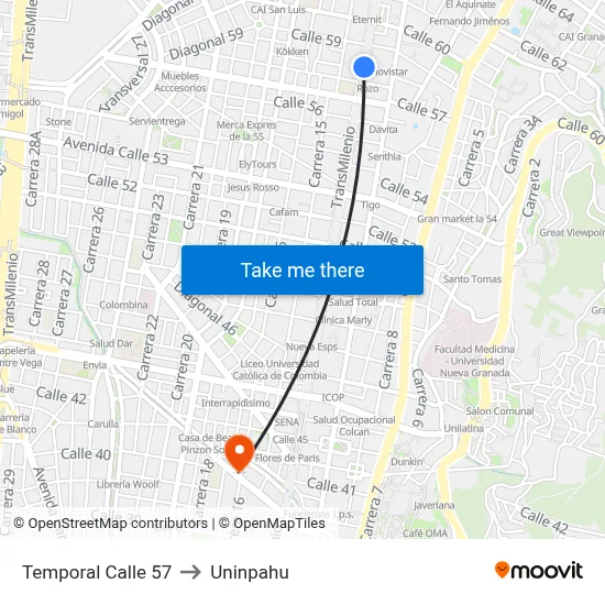 Temporal Calle 57 to Uninpahu map