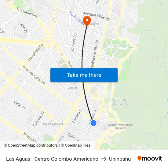 Las Aguas - Centro Colombo Americano to Uninpahu map