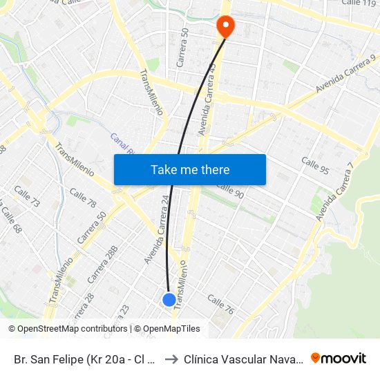 Br. San Felipe (Kr 20a - Cl 74) to Clínica Vascular Navarra map