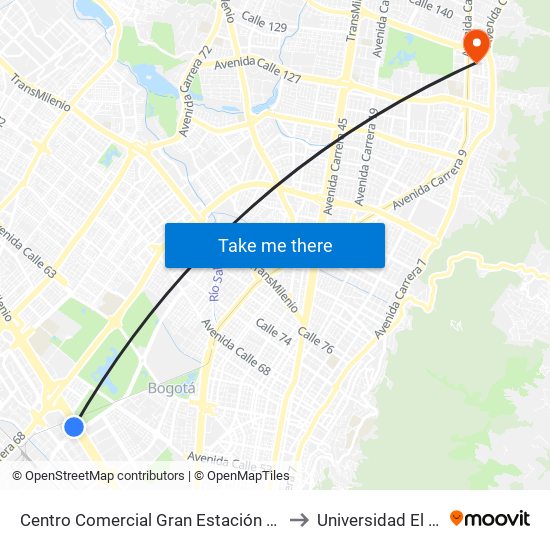 Centro Comercial Gran Estación (Ac 26 - Kr 60) to Universidad El Bosque map