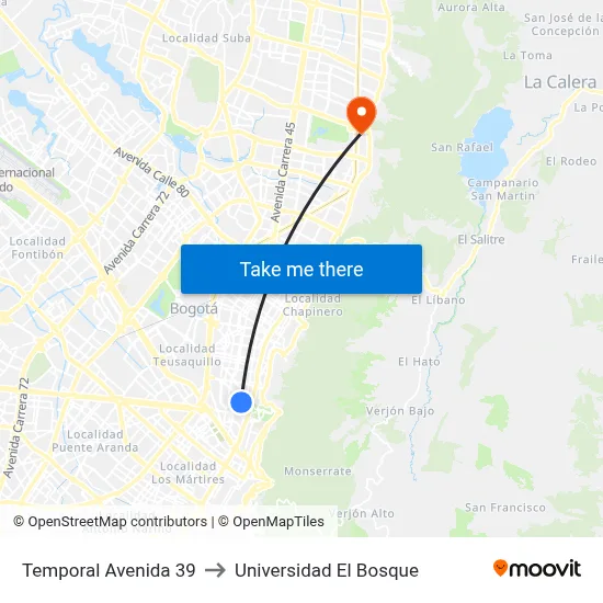 Temporal Avenida 39 to Universidad El Bosque map