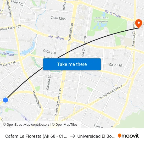 Cafam La Floresta (Ak 68 - Cl 90) (C) to Universidad El Bosque map