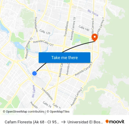 Cafam Floresta (Ak 68 - Cl 95) (C) to Universidad El Bosque map