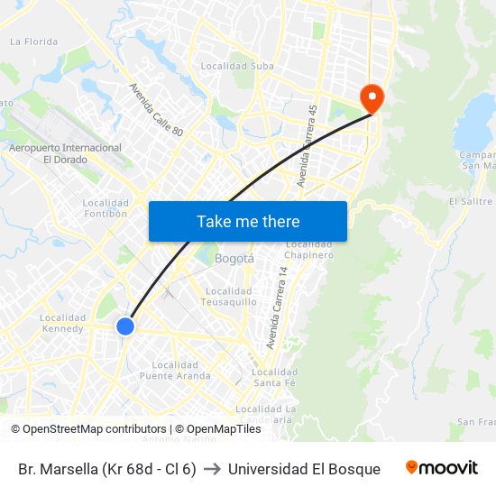 Br. Marsella (Kr 68d - Cl 6) to Universidad El Bosque map