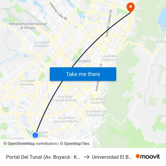 Portal Del Tunal (Av. Boyacá - Kr 19c) (B) to Universidad El Bosque map