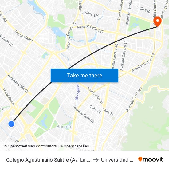 Colegio Agustiniano Salitre (Av. La Esperanza - Kr 69b) to Universidad El Bosque map