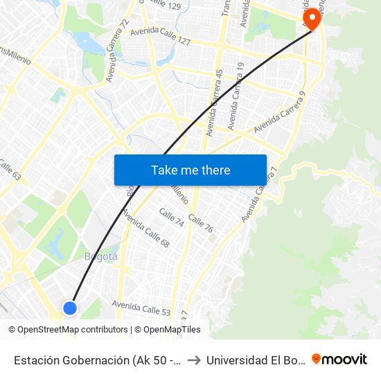 Estación Gobernación (Ak 50 - Ac 26) to Universidad El Bosque map