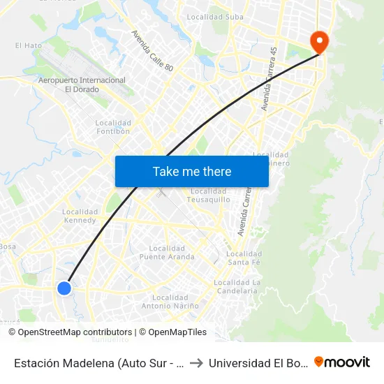 Estación Madelena (Auto Sur - Kr 66a) to Universidad El Bosque map