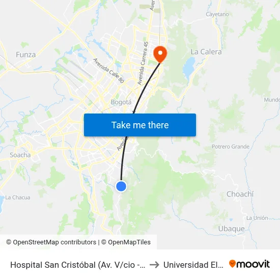 Hospital San Cristóbal (Av. V/cio - Cl 42a Bis Sur) to Universidad El Bosque map