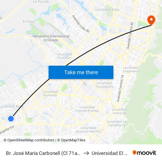 Br. José María Carbonell (Cl 71a Sur - Kr 78) to Universidad El Bosque map