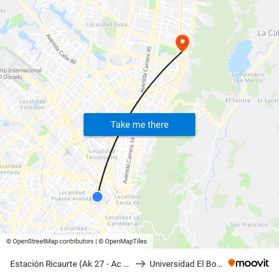 Estación Ricaurte (Ak 27 - Ac 13) (B) to Universidad El Bosque map