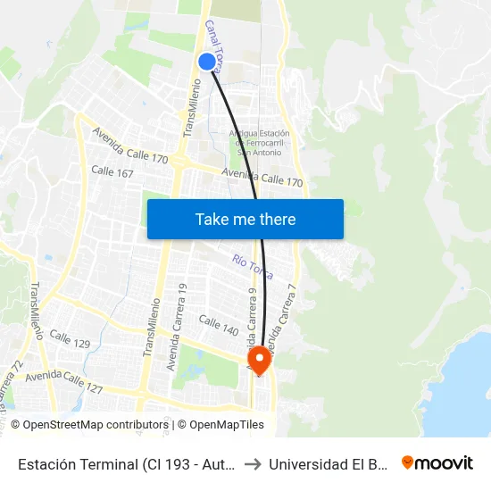 Estación Terminal (Cl 193 - Auto Norte) to Universidad El Bosque map