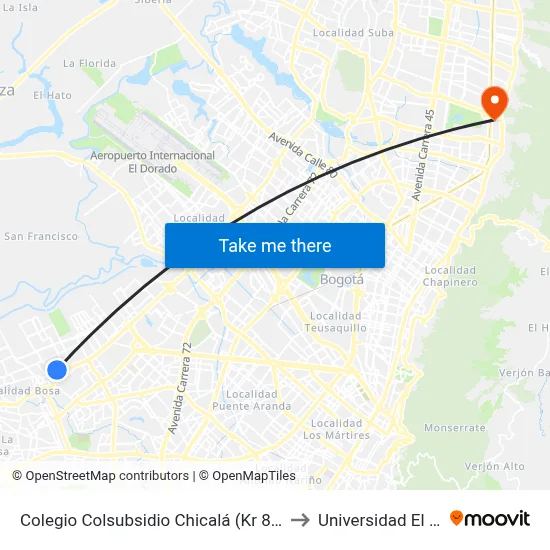 Colegio Colsubsidio Chicalá (Kr 87 - Cl 53c Sur) to Universidad El Bosque map