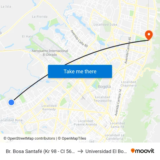 Br. Bosa Santafé (Kr 98 - Cl 56g Sur) to Universidad El Bosque map