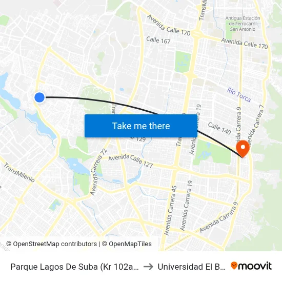 Parque Lagos De Suba (Kr 102a - Cl 129c) to Universidad El Bosque map