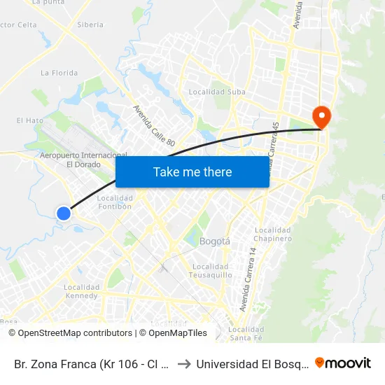 Br. Zona Franca (Kr 106 - Cl 14) to Universidad El Bosque map