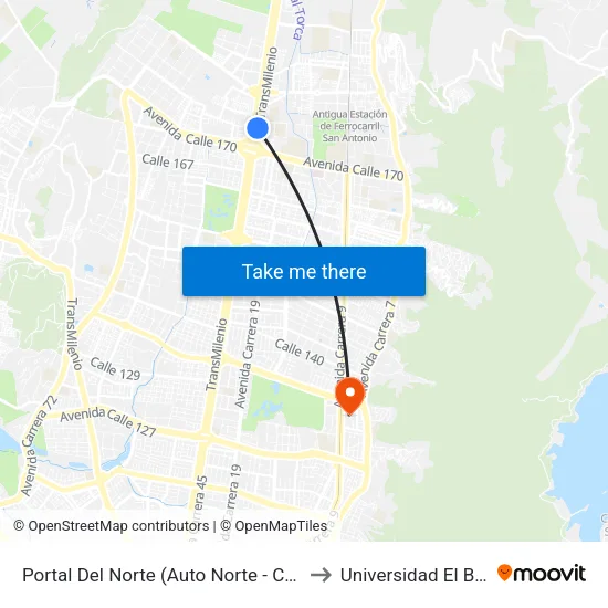 Portal Del Norte (Auto Norte - Cl 172a) (A) to Universidad El Bosque map