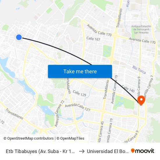 Etb Tibabuyes (Av. Suba - Kr 114c) (A) to Universidad El Bosque map