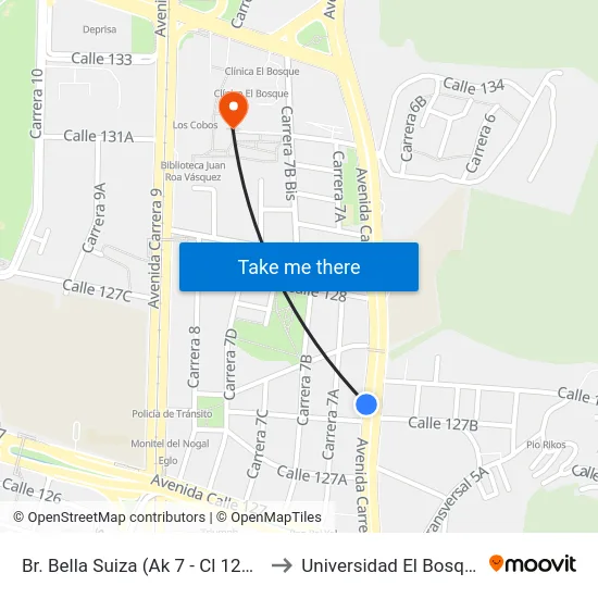 Br. Bella Suiza (Ak 7 - Cl 127b) to Universidad El Bosque map
