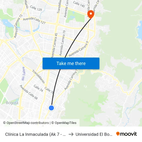 Clínica La Inmaculada (Ak 7 - Cl 68) to Universidad El Bosque map