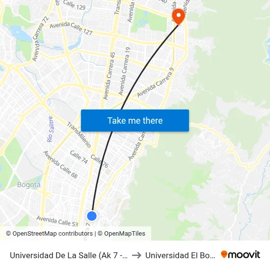 Universidad De La Salle (Ak 7 - Cl 58) to Universidad El Bosque map