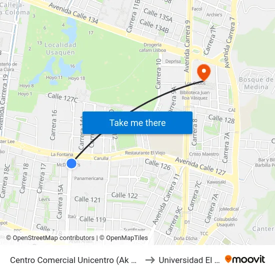 Centro Comercial Unicentro (Ak 15 - Cl 124) (B) to Universidad El Bosque map