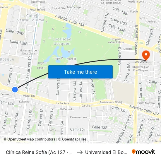 Clínica Reina Sofía (Ac 127 - Kr 20) to Universidad El Bosque map
