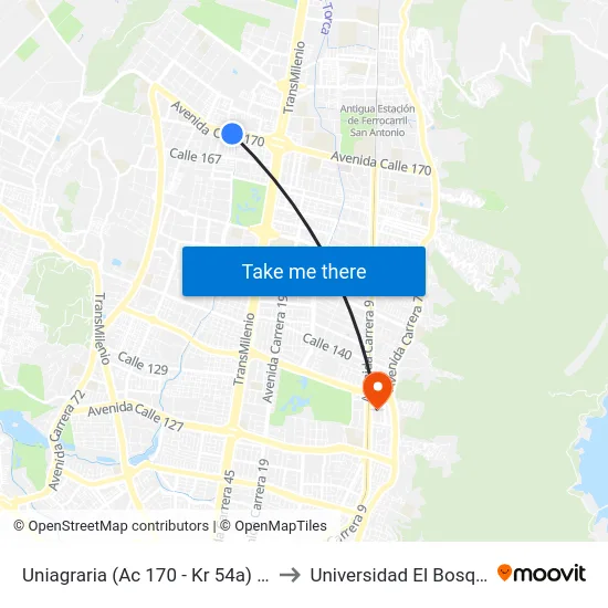 Uniagraria (Ac 170 - Kr 54a) (B) to Universidad El Bosque map