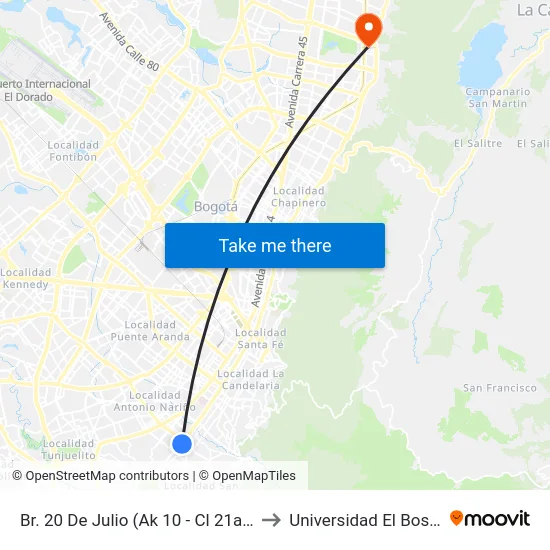 Br. 20 De Julio (Ak 10 - Cl 21a Sur) to Universidad El Bosque map