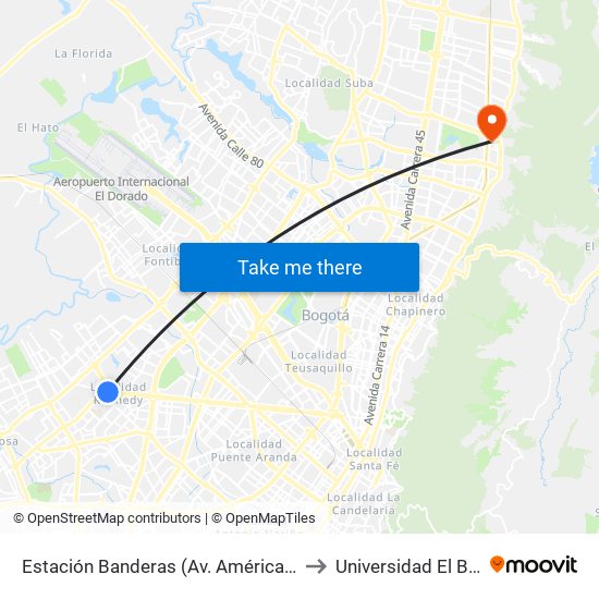 Estación Banderas (Av. Américas - Kr 79b) to Universidad El Bosque map