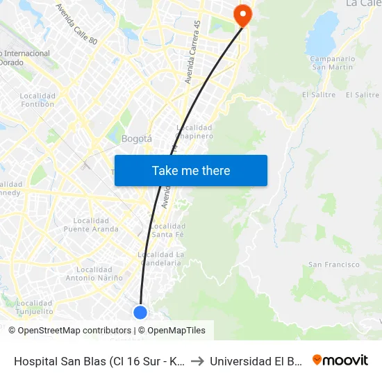 Hospital San Blas (Cl 16 Sur - Kr 4 Este) to Universidad El Bosque map