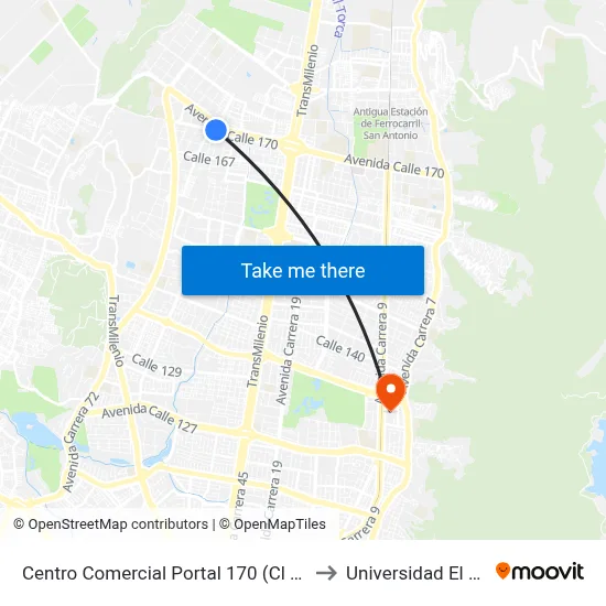 Centro Comercial Portal 170 (Cl 169b - Kr 58) to Universidad El Bosque map