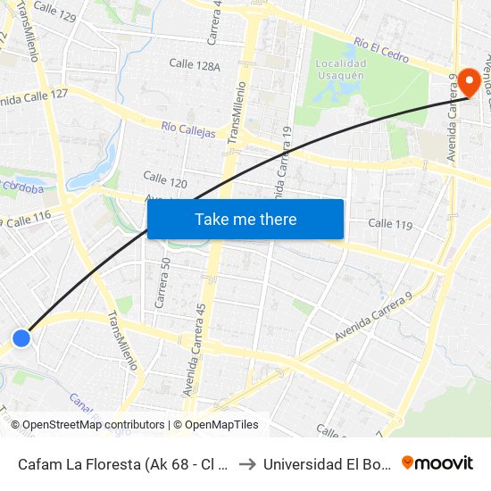 Cafam La Floresta (Ak 68 - Cl 98) (A) to Universidad El Bosque map